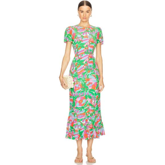 RHODE Lulani Dress White Fleur Tropicale Ruffle Hem Midi Green Floral Dress 4 - Picture 1 of 10